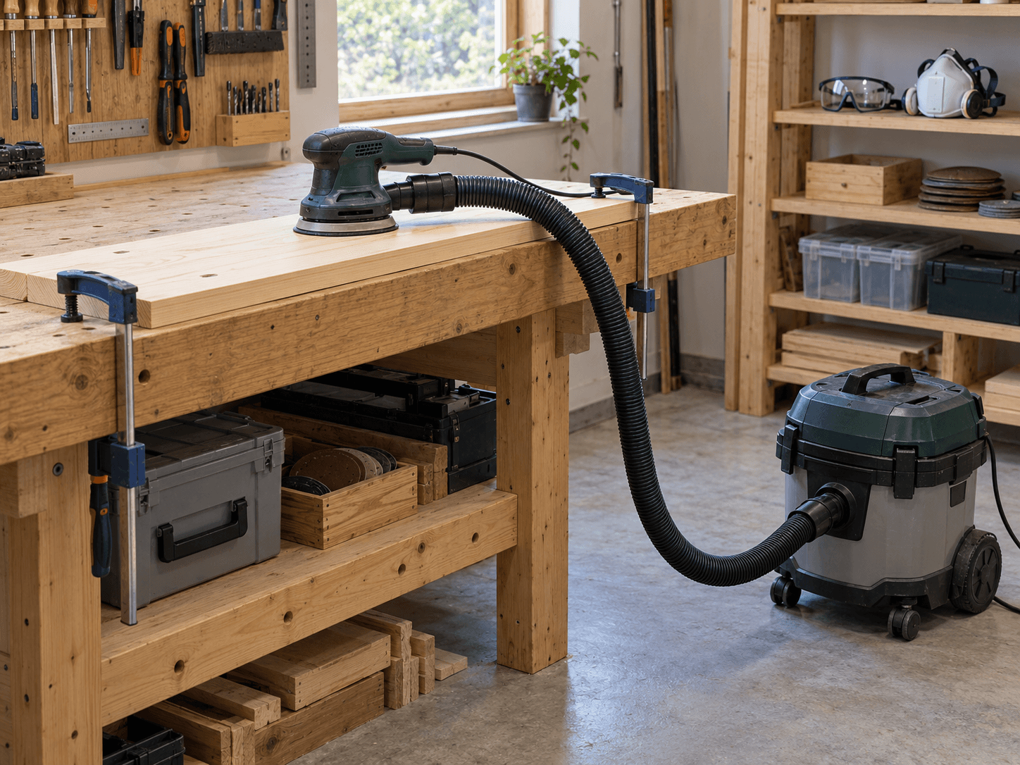 An idle sander on a clamped pine board connects by hose to a closed dust extractor in a small workshop.