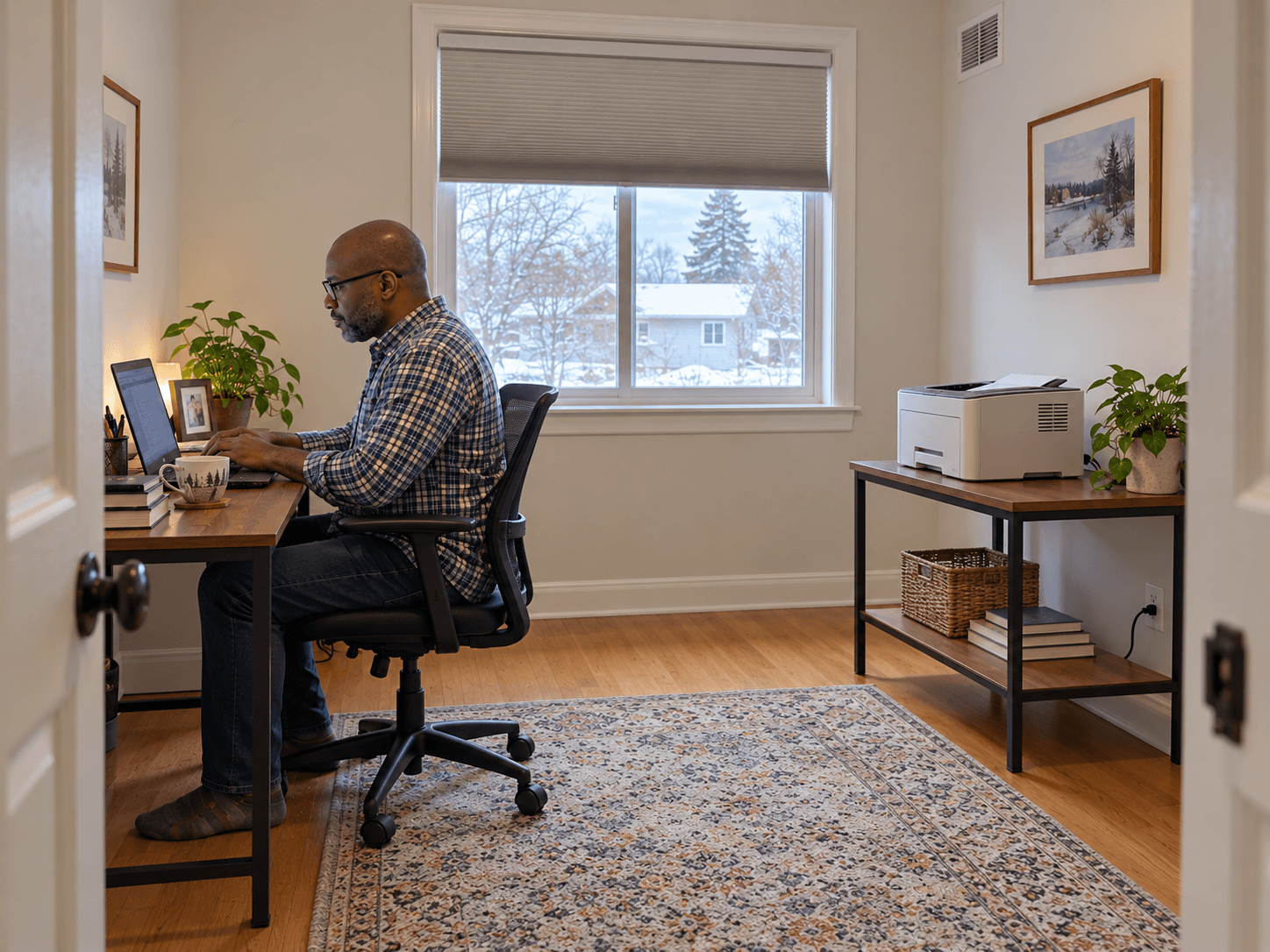 A homeowner works at a desk while a compact printer sits on a separate open table across the office.