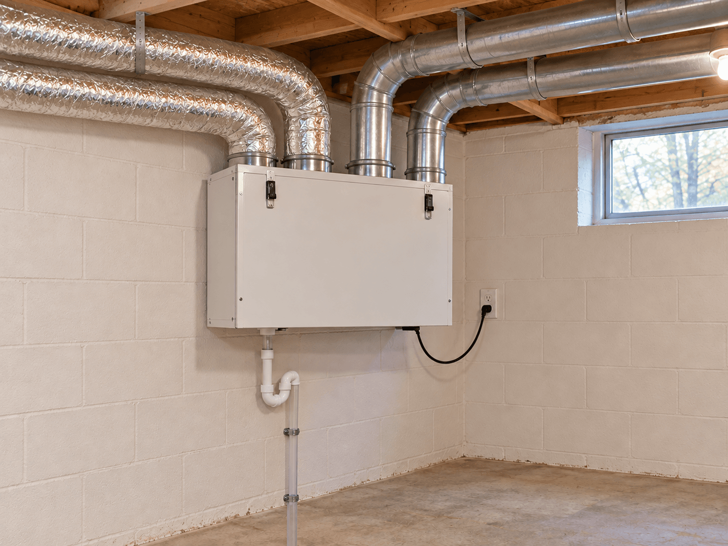 A home ventilation unit connected to four insulated ducts in a basement.