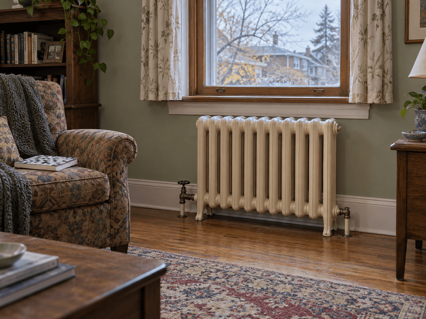 An exposed radiator beneath a window in an ordinary living room.