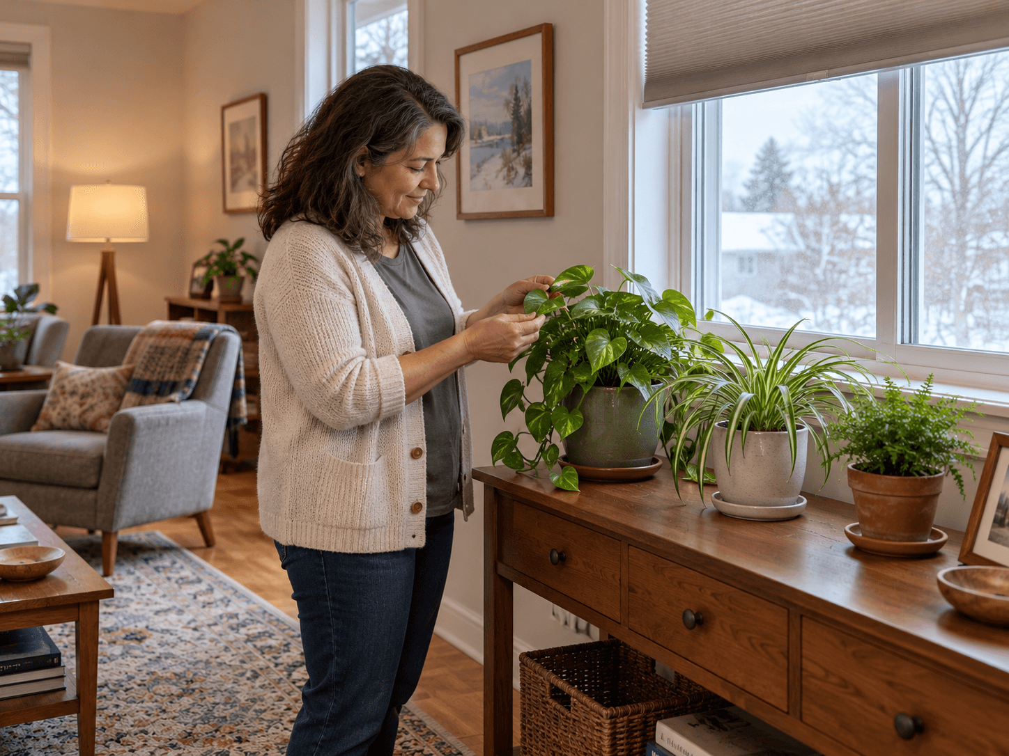 A homeowner checks leaves on three potted plants with saucers beside a living-room window.