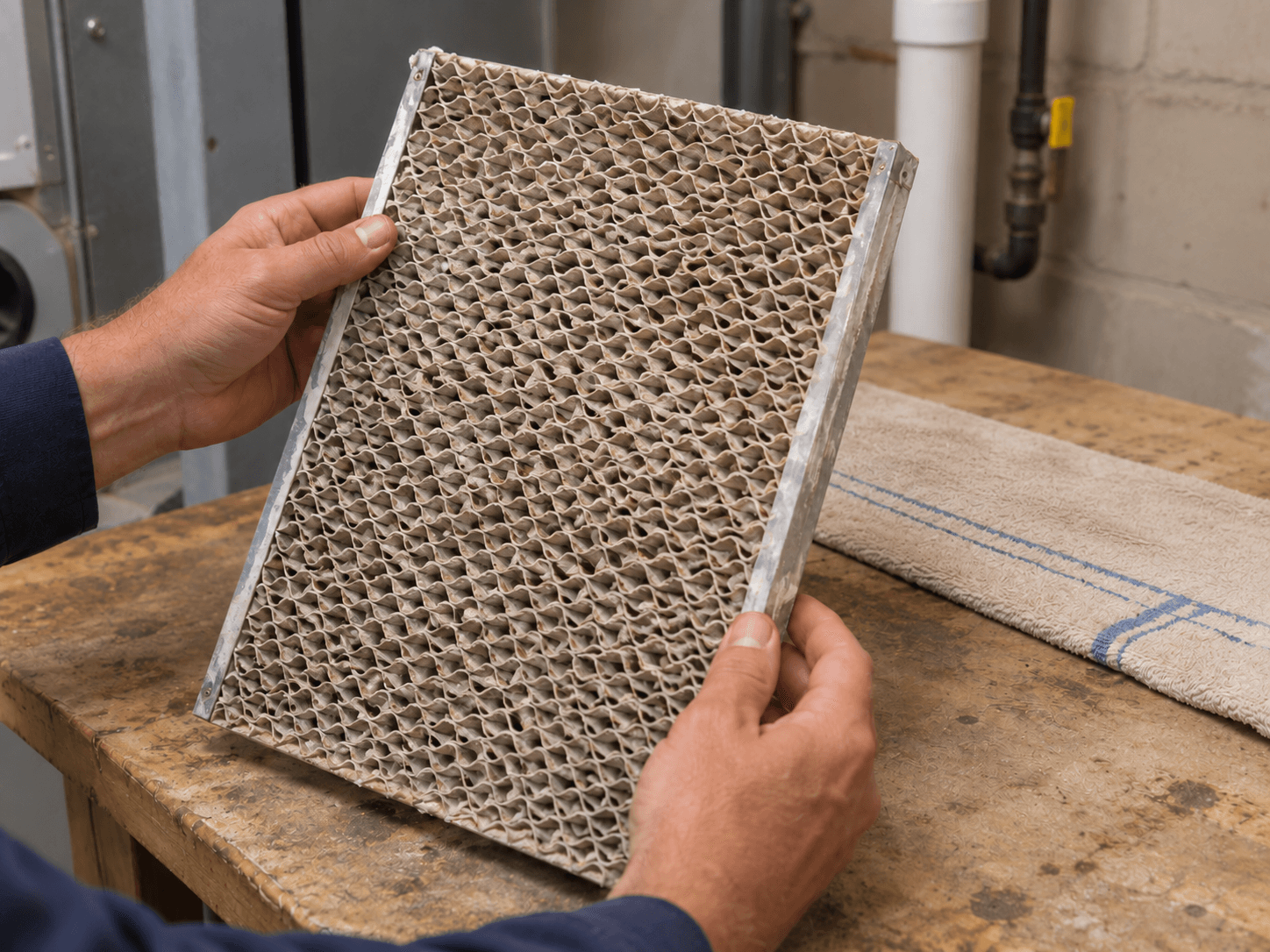 Hands hold a rectangular evaporative humidifier water panel above a utility work surface.