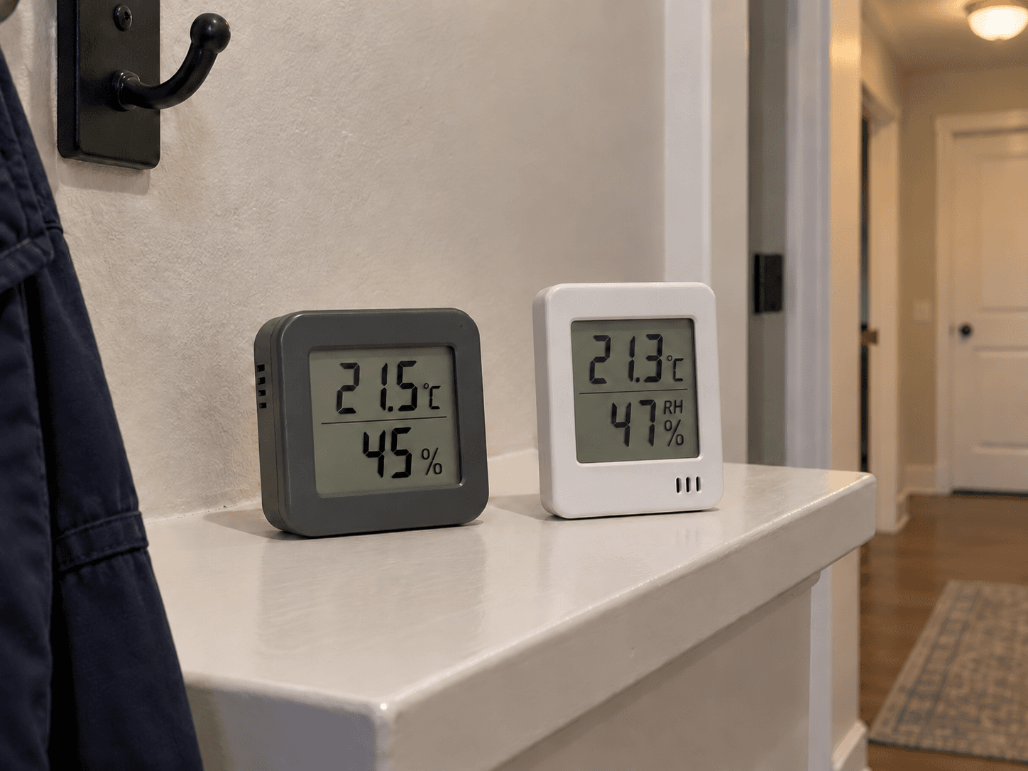 Room meters display temperature and relative humidity together on an interior shelf.