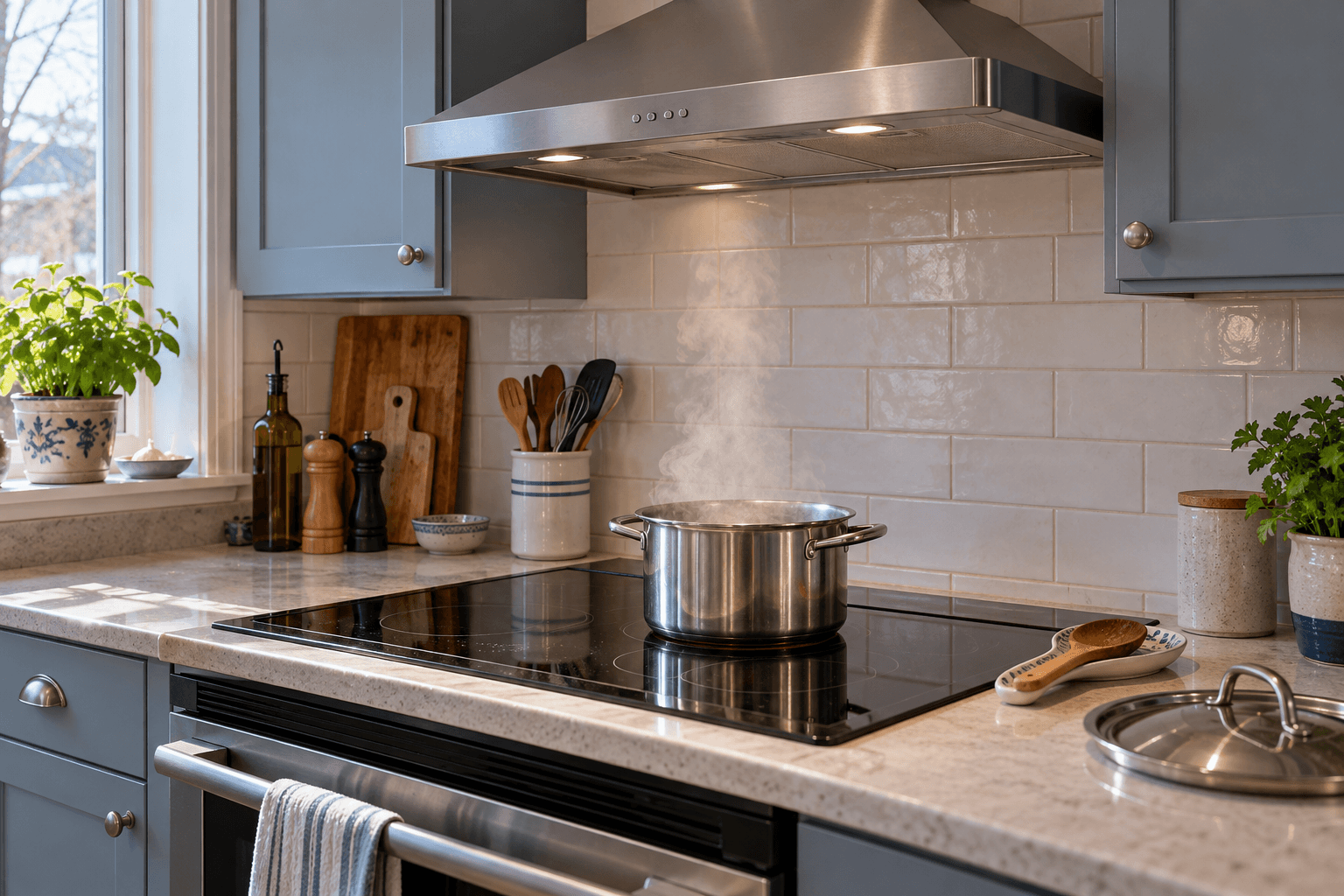Steam rising from a cooking pot beneath a stainless steel kitchen exhaust hood.