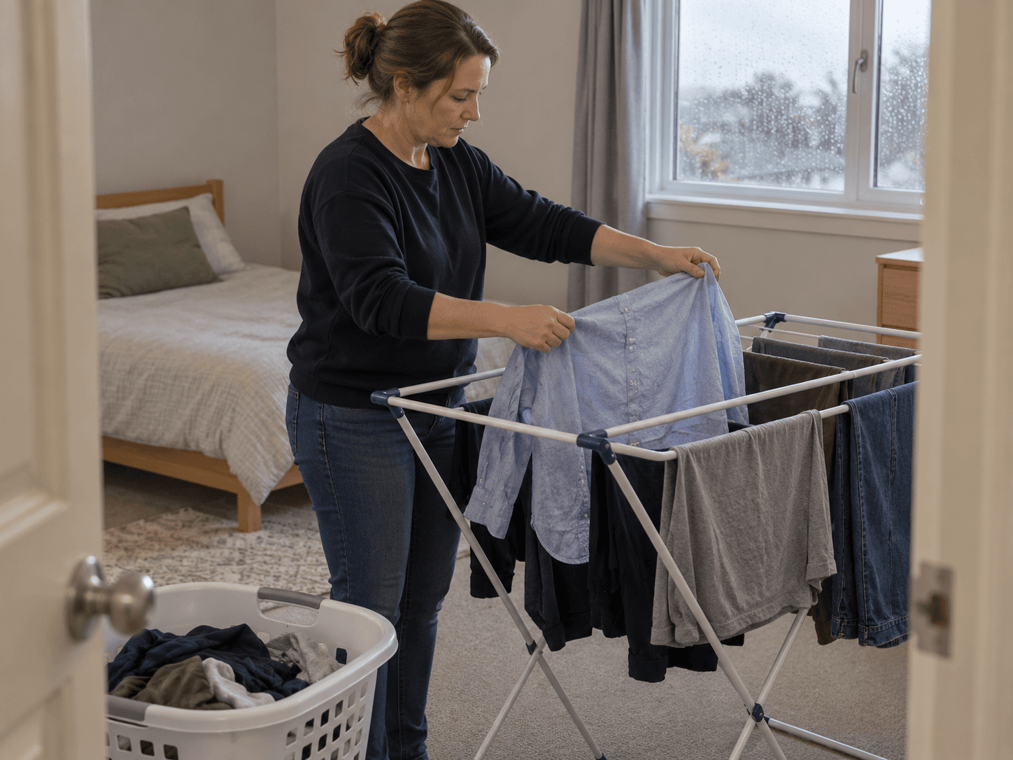 A homeowner spreads a damp shirt on a drying rack with space between garments in a spare room.