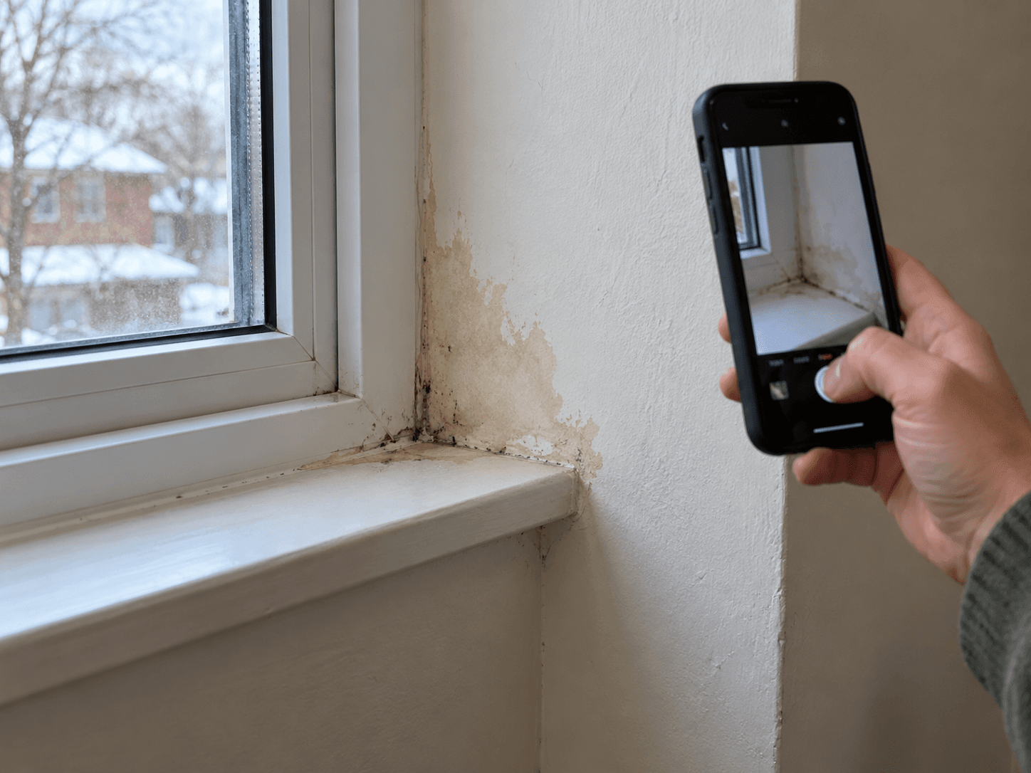 A homeowner photographs localized water staining and dark specks beside a window without disturbing the surface.