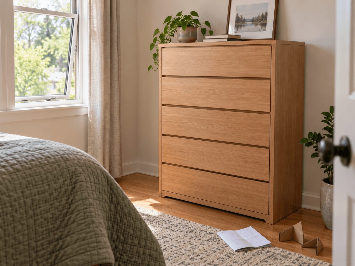 A newly assembled chest of drawers with closed fronts stands in a bedroom beside a partly open screened window.