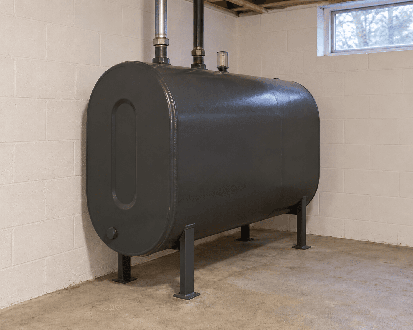 A grey oval heating-oil tank on four steel supports in a clear basement, with separate fill and vent pipes above.