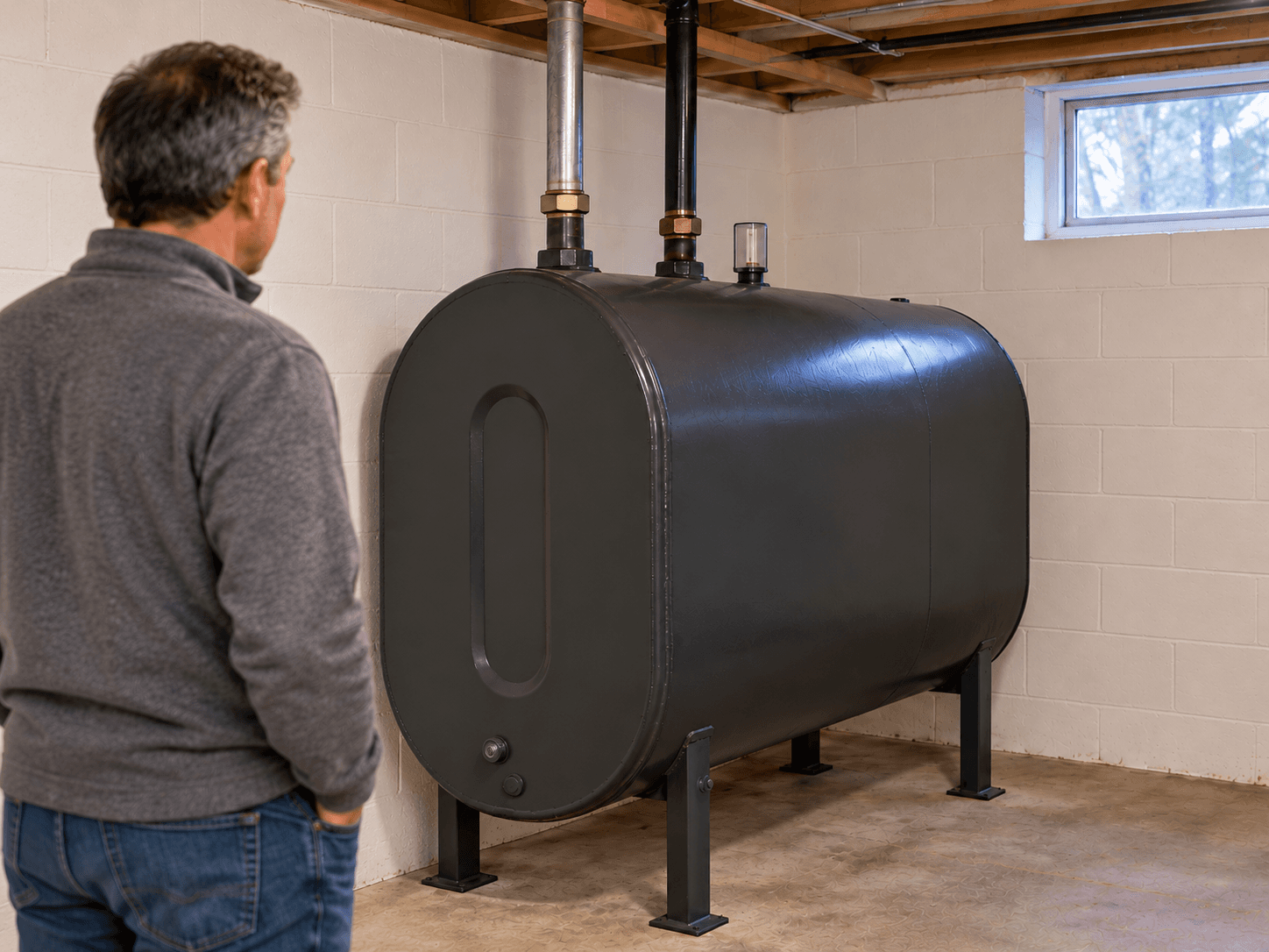 A homeowner surveys the closed oil-heating equipment in a basement.