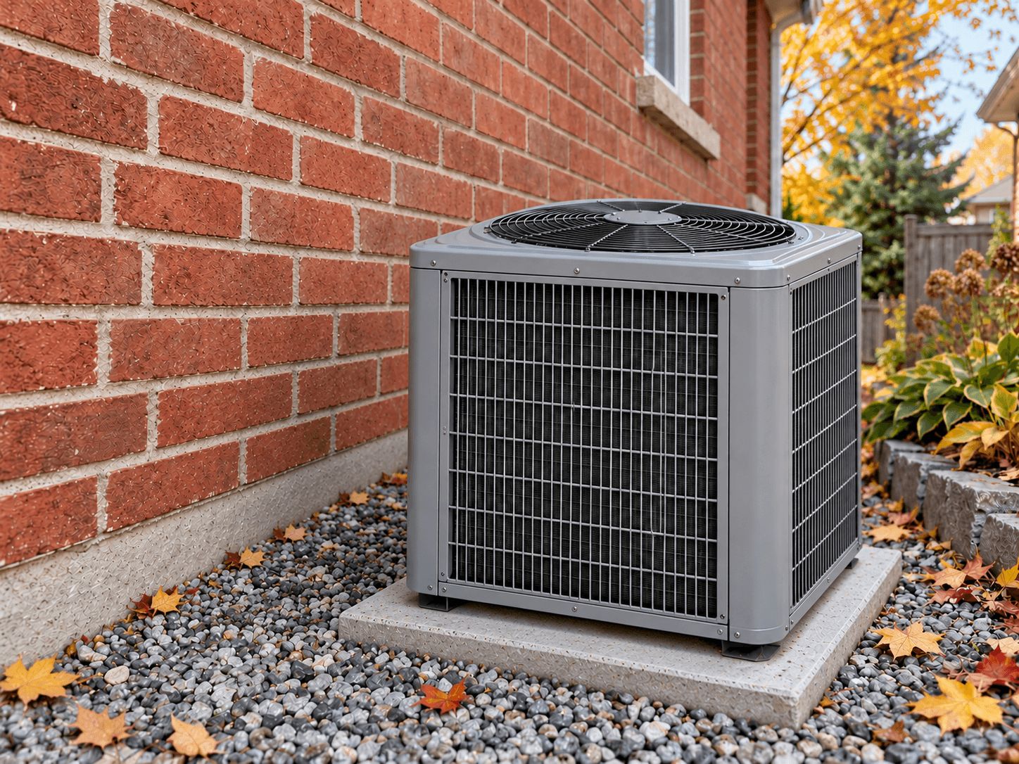 Open space around an uncovered outdoor air conditioner on its pad beside a brick house.