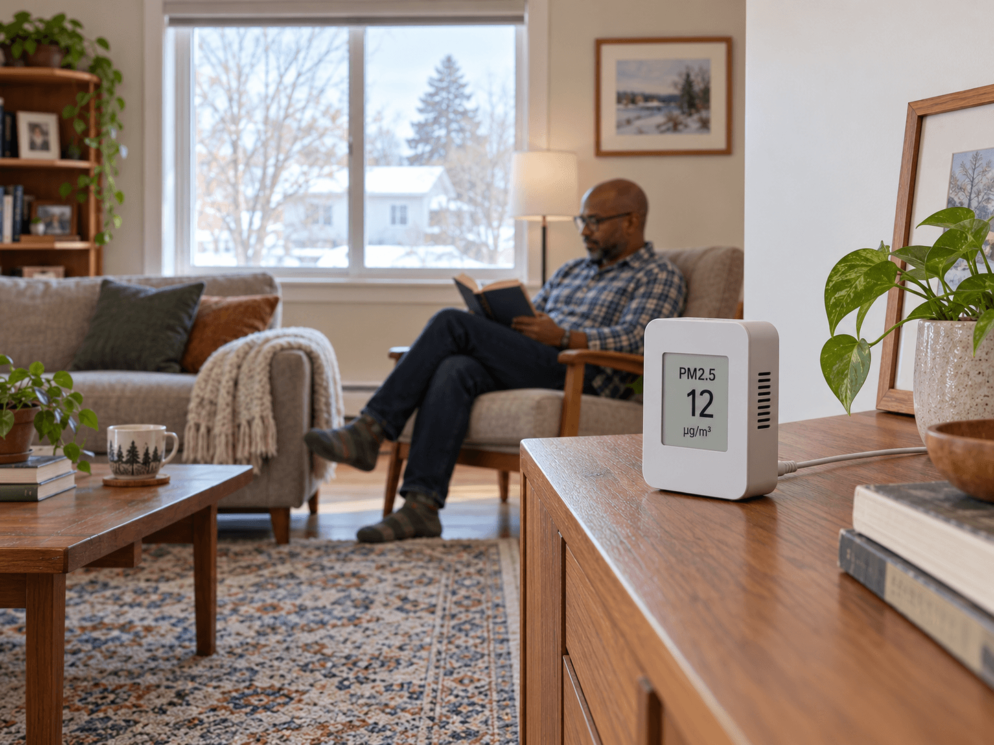 A PM2.5 monitor on an open sideboard displays an illustrative particle reading while a homeowner reads across the room.