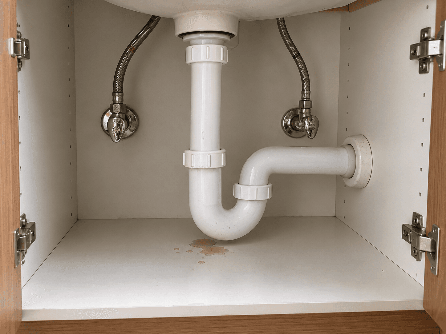 A small water mark lies below an intact sink trap inside an open vanity.