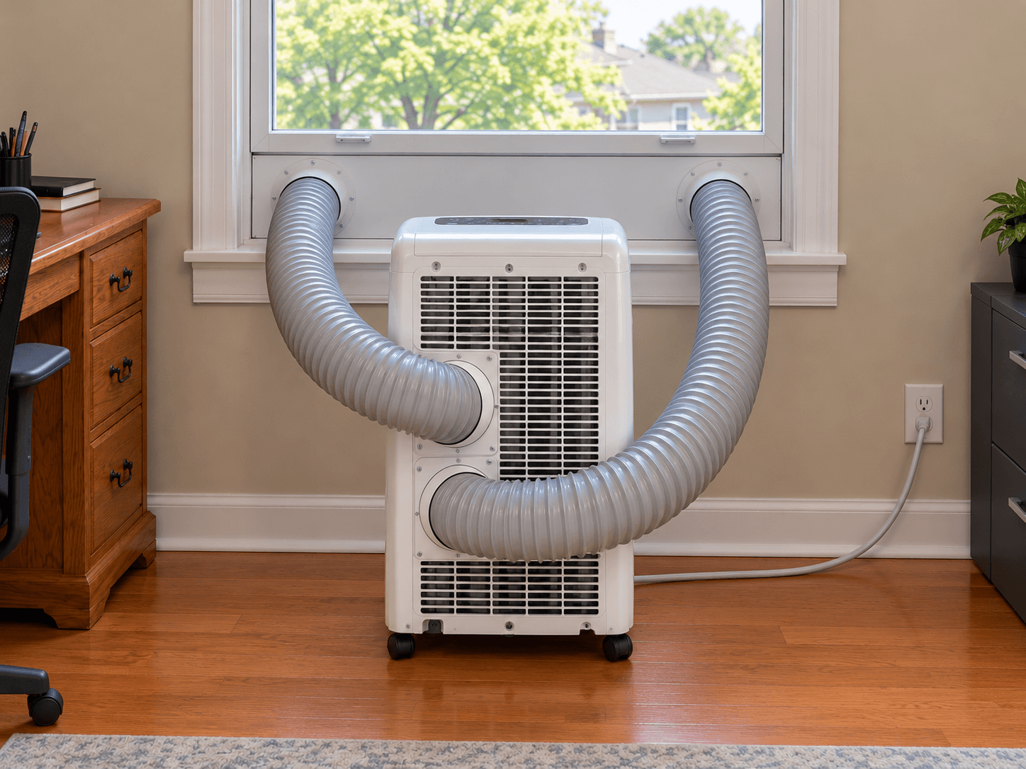 Two hoses connect the back of a portable air conditioner to a fitted window panel.