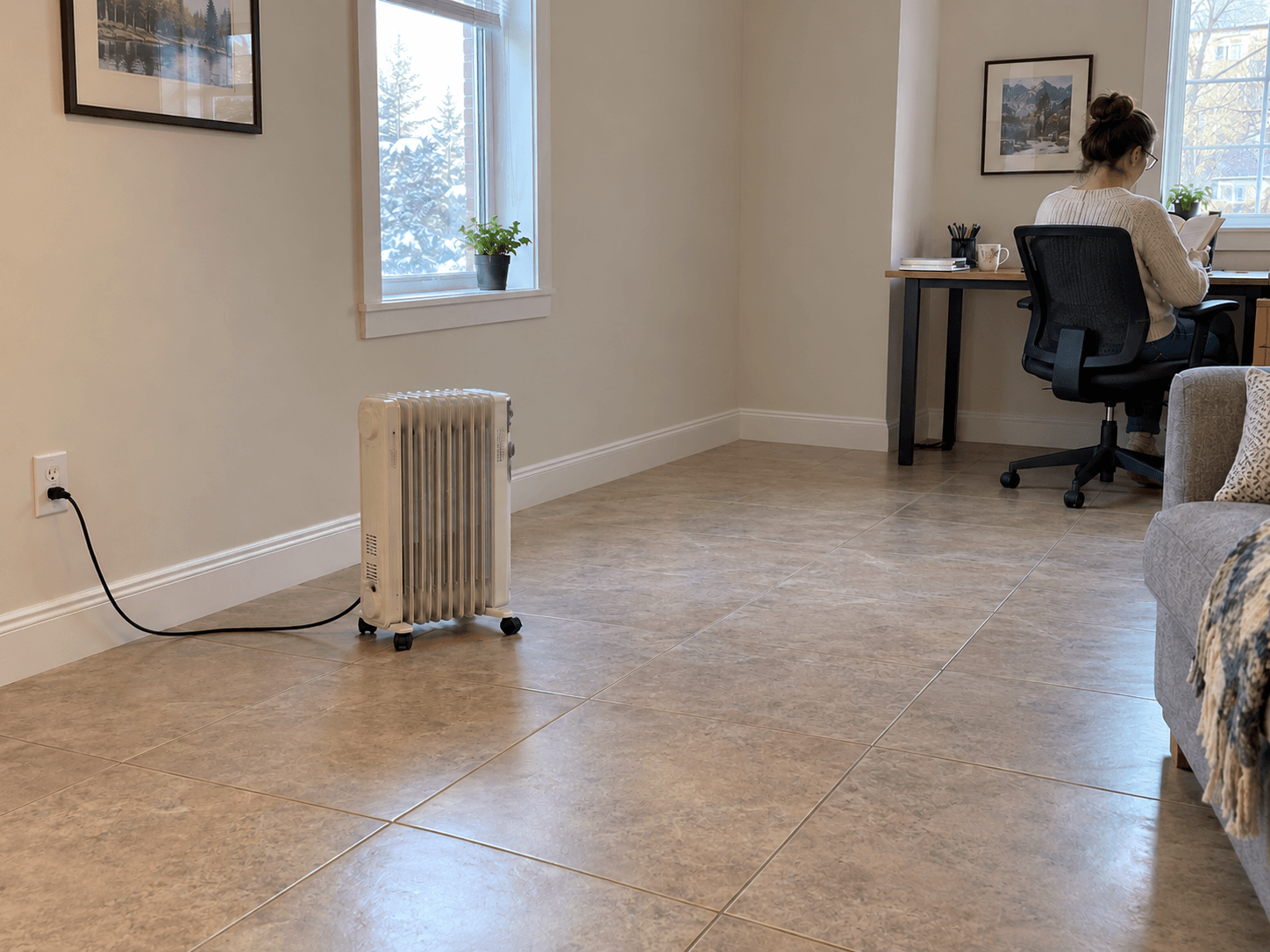 An oil-filled electric heater standing on clear tile, with its full cord connected directly to a wall outlet and a distant desk.