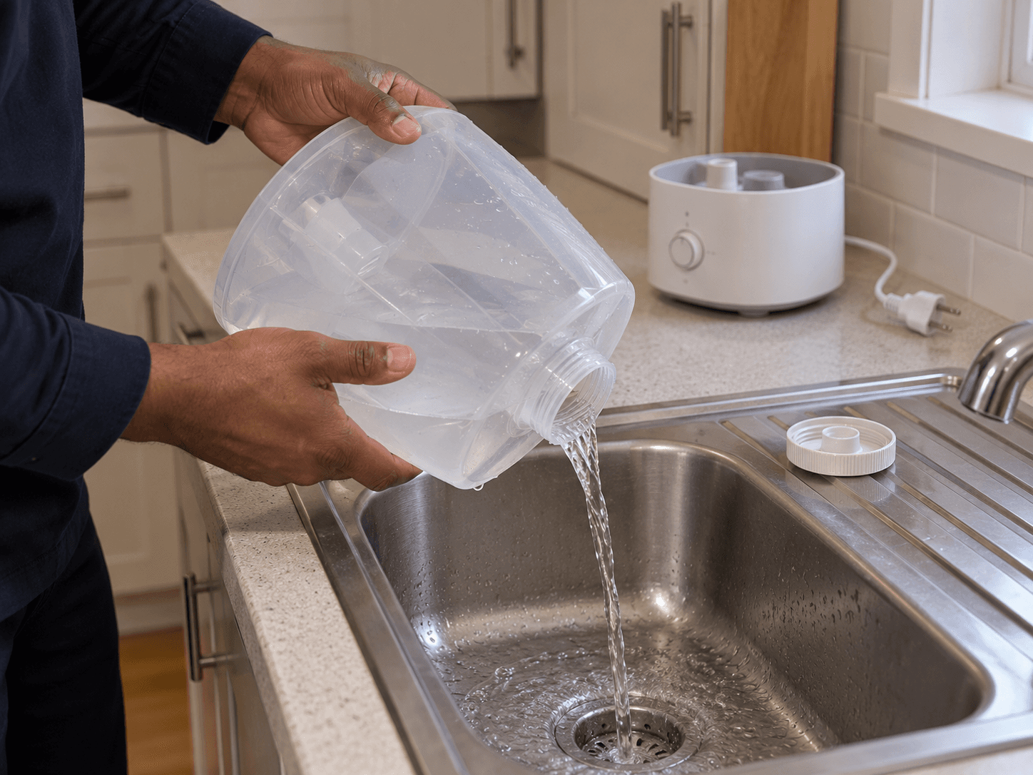 A homeowner empties the removable humidifier tank into a sink while its unplugged electrical base stays on a dry counter.