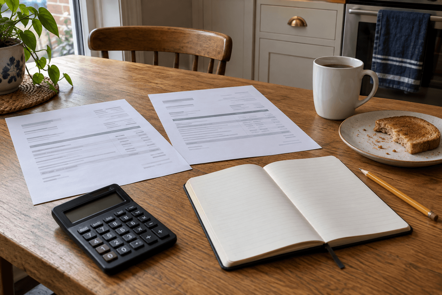Two home-improvement proposals beside a notebook, pencil and calculator on a kitchen table.