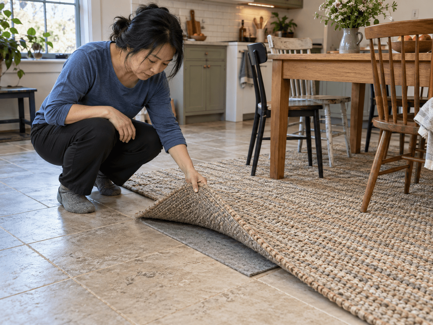 A homeowner lifting a woven rug corner to inspect its separate felt underlay over a tiled floor.