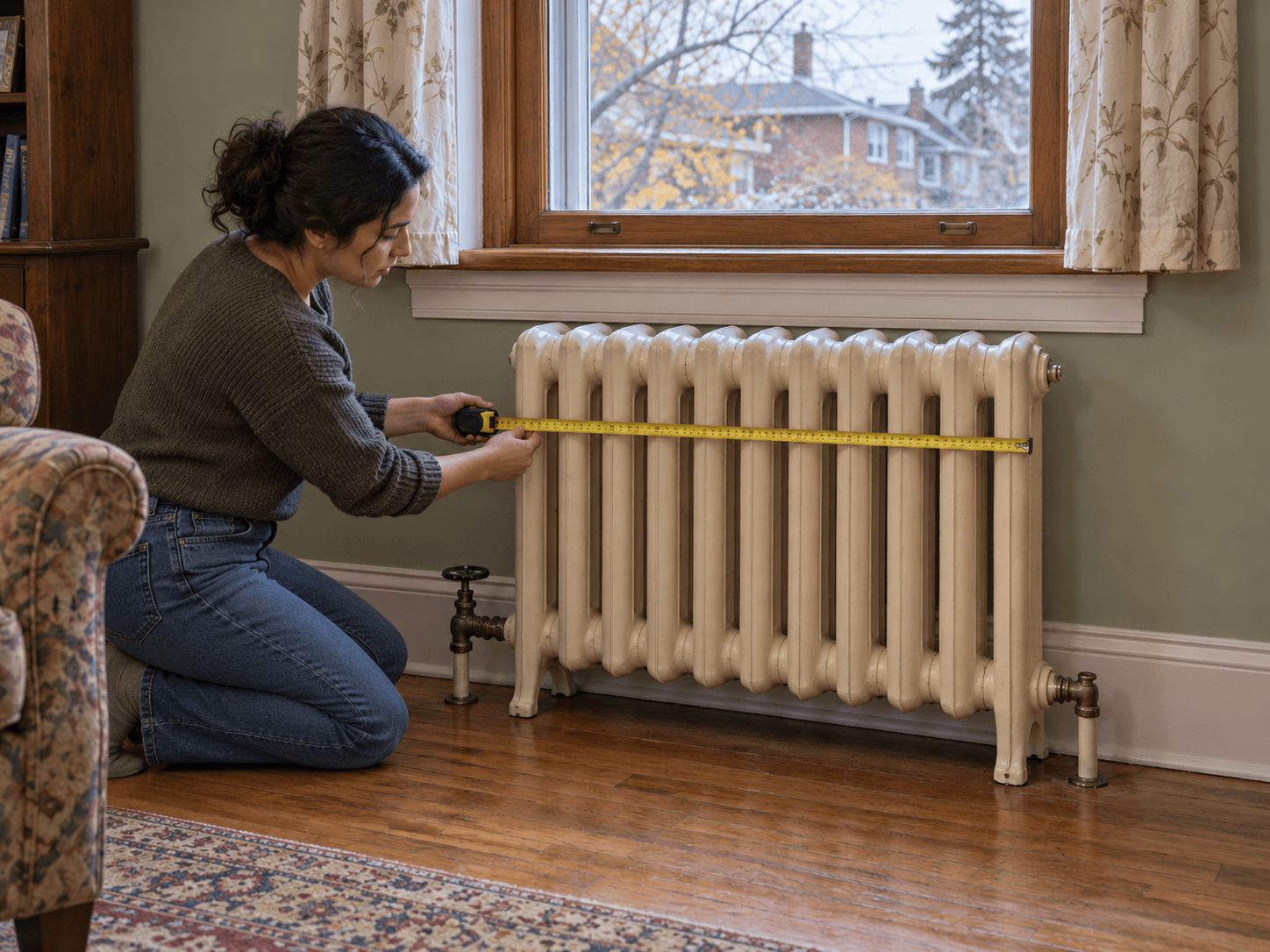 A homeowner records the dimensions of a cast-iron radiator below a window.
