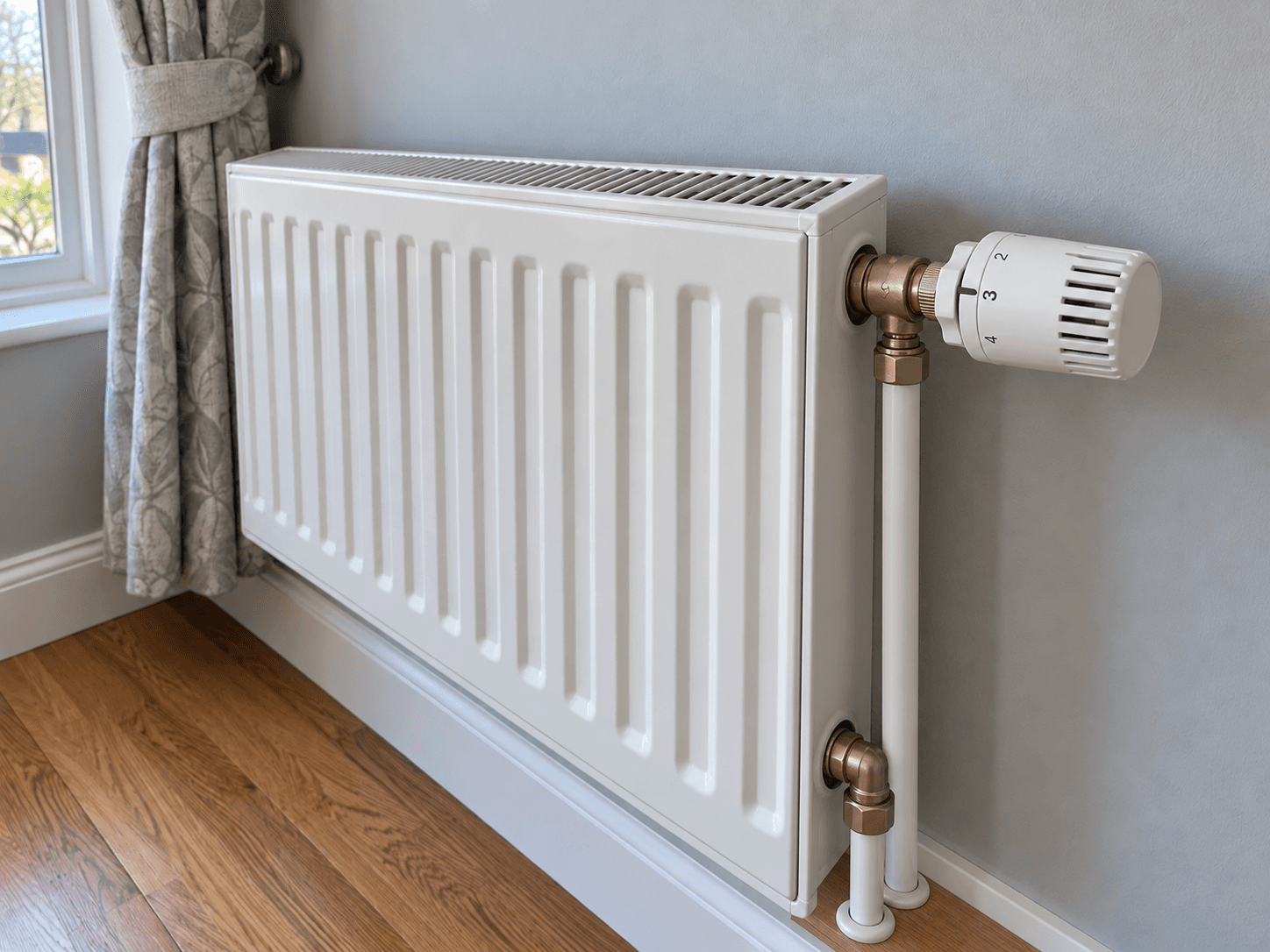 A numbered thermostatic head on a panel radiator, with separate supply and return pipes.