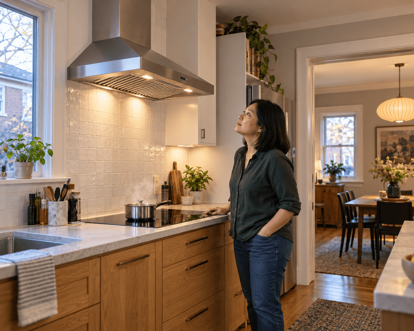 A homeowner beside an induction cooktop looking toward a chimney-style range hood, with a closed window and dining room beyond.
