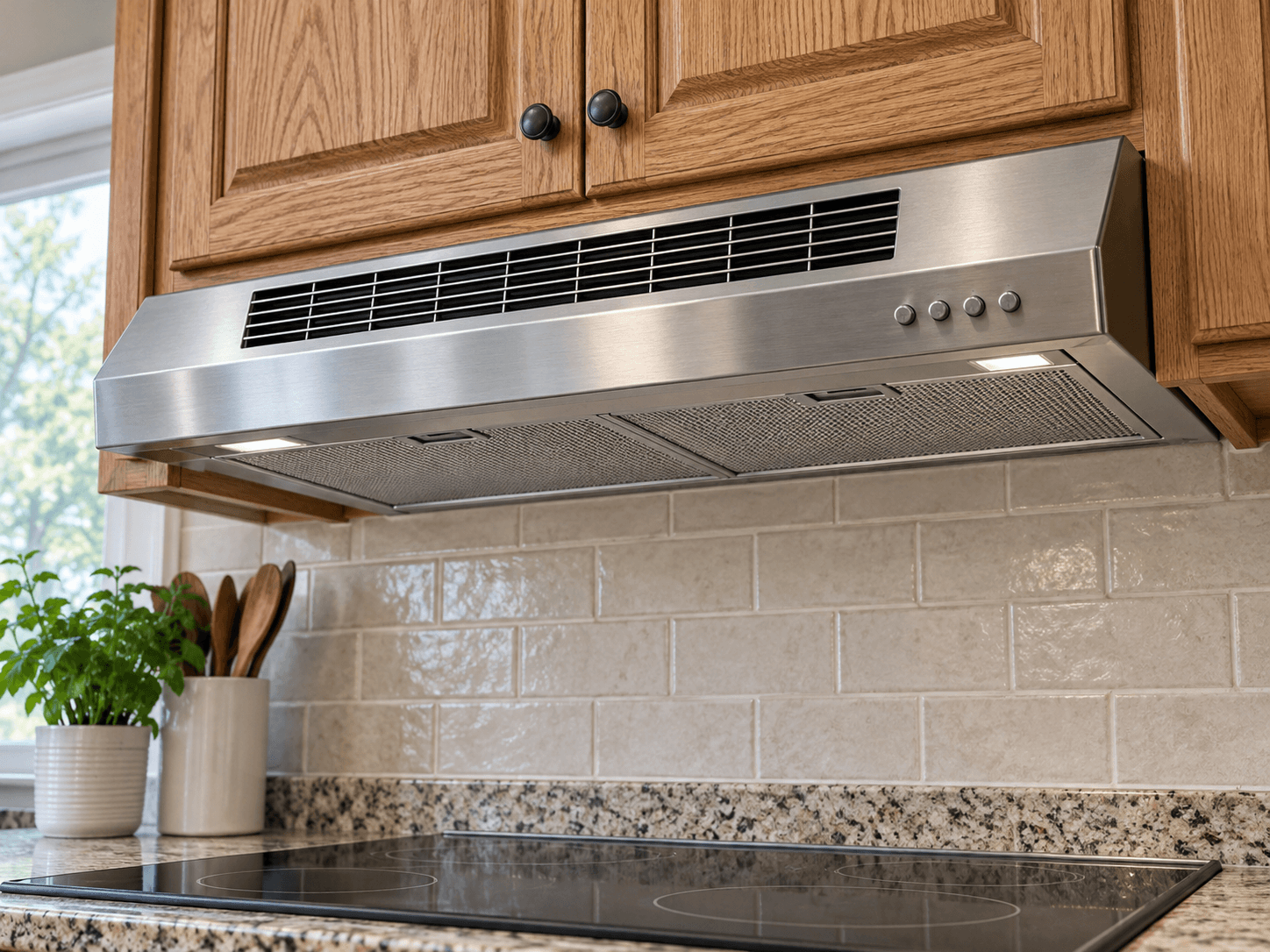 A recirculating under-cabinet range hood with a front discharge grille and separate grease filters underneath.