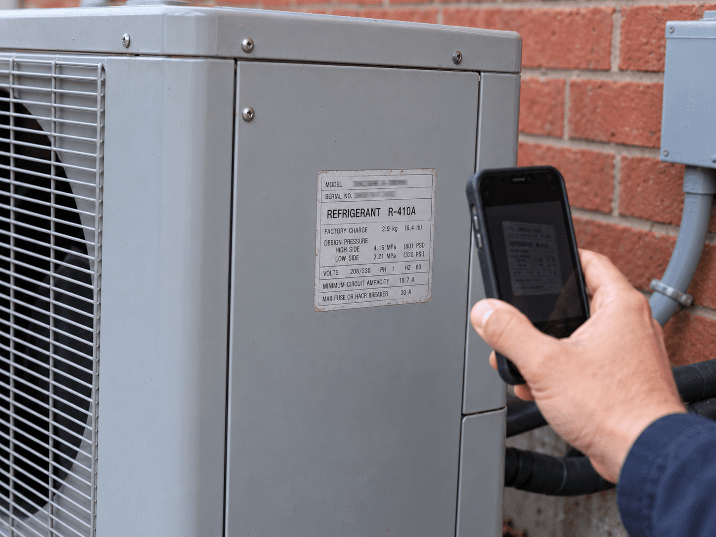 A close view of a refrigerant identification label on a closed outdoor unit.