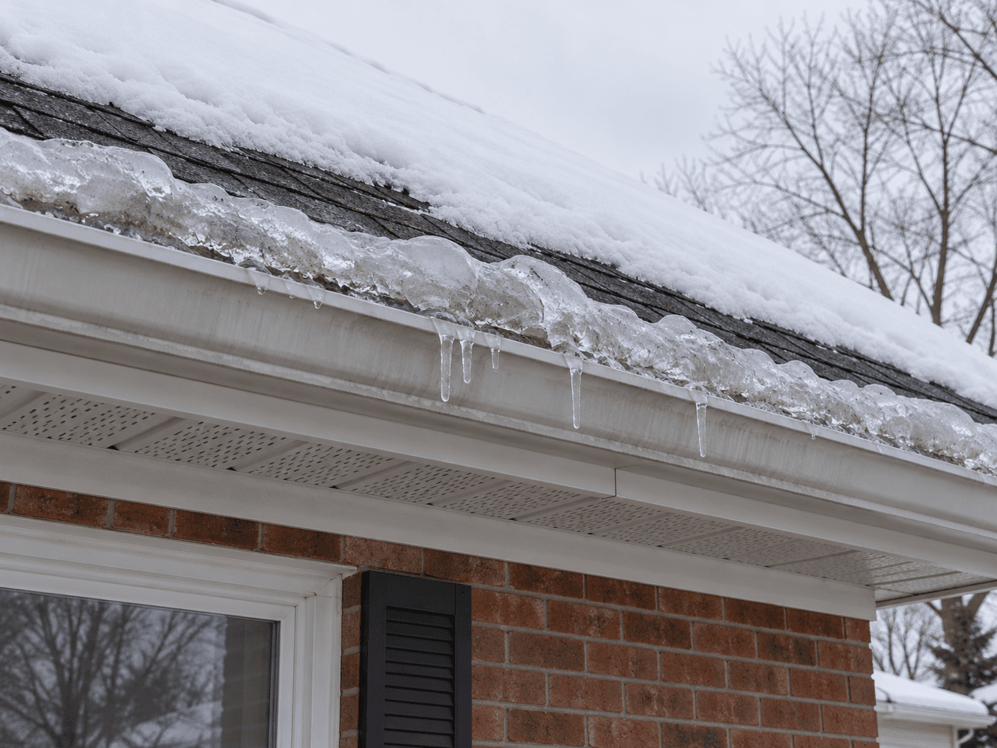 A snow-covered roof edge with a localized ice ridge and short icicles photographed from the ground.