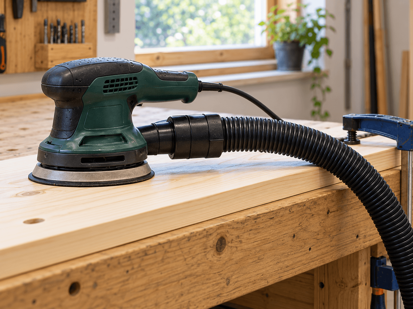 A hose adapter connects securely to the rear dust port of a stationary random-orbit sander.