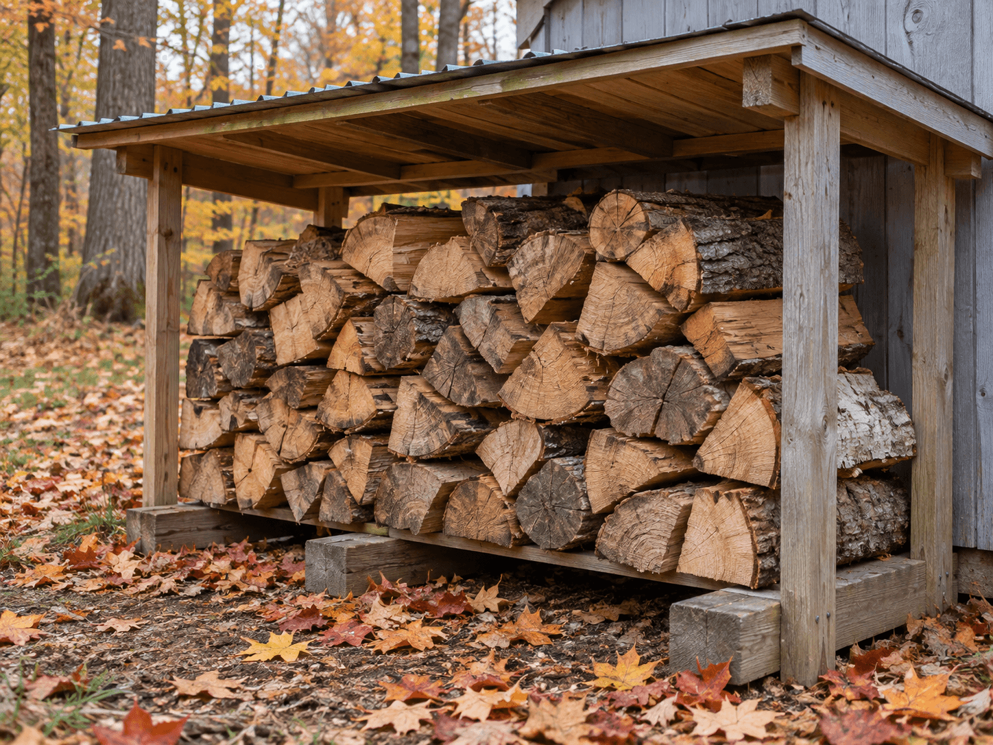 Split firewood raised off the ground under a simple roof, with the front and sides open.