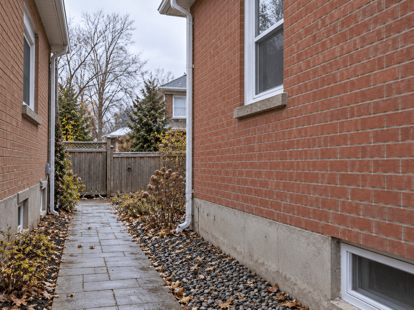 Facing windows and a narrow side path are visible before an outdoor-unit location is chosen.