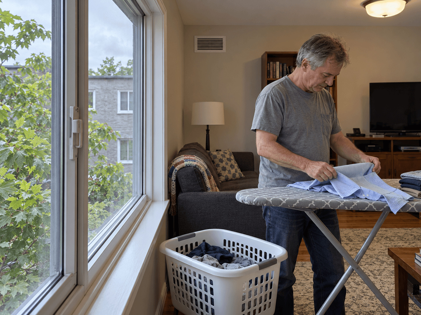 A homeowner folds laundry beside a closed window in an occupied room with an unobstructed high wall grille.