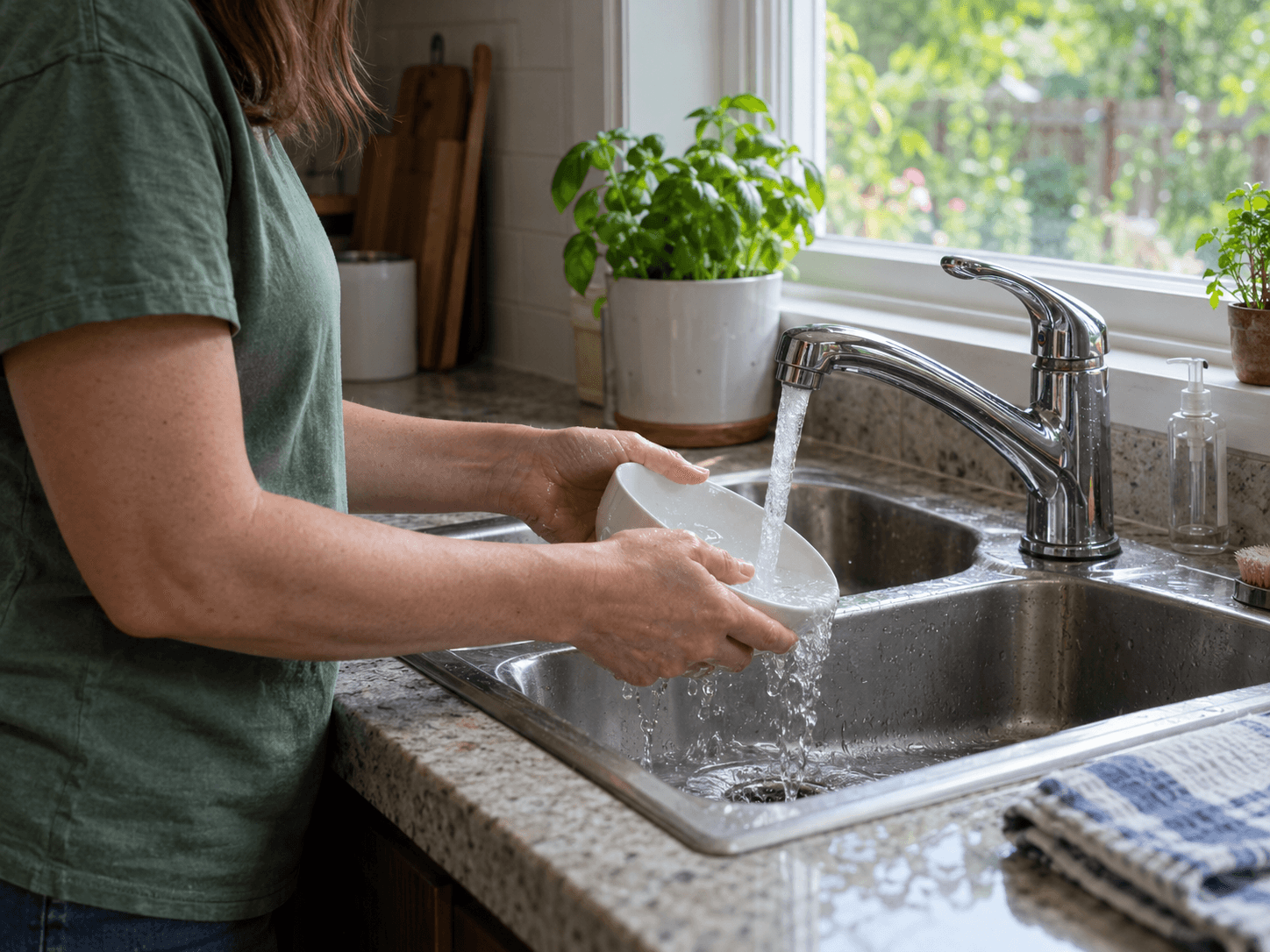 A bowl being rinsed under a kitchen mixer tap.