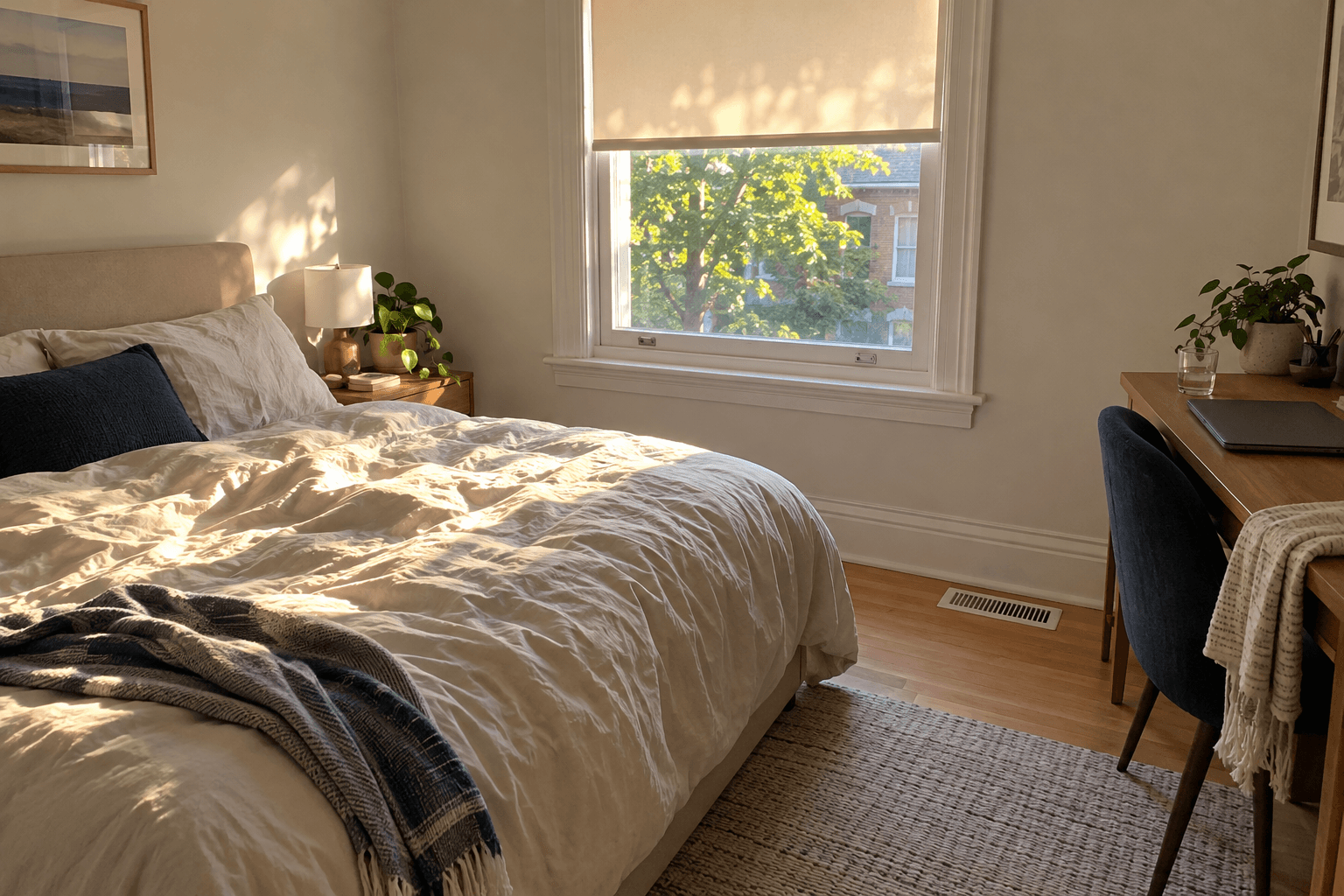A summer bedroom with soft bedding, a shaded window and a clear air register.