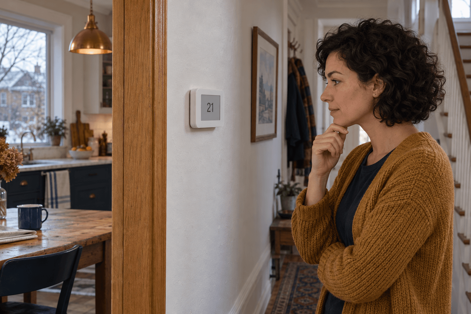 Nora looking at a wall thermostat in her hallway.