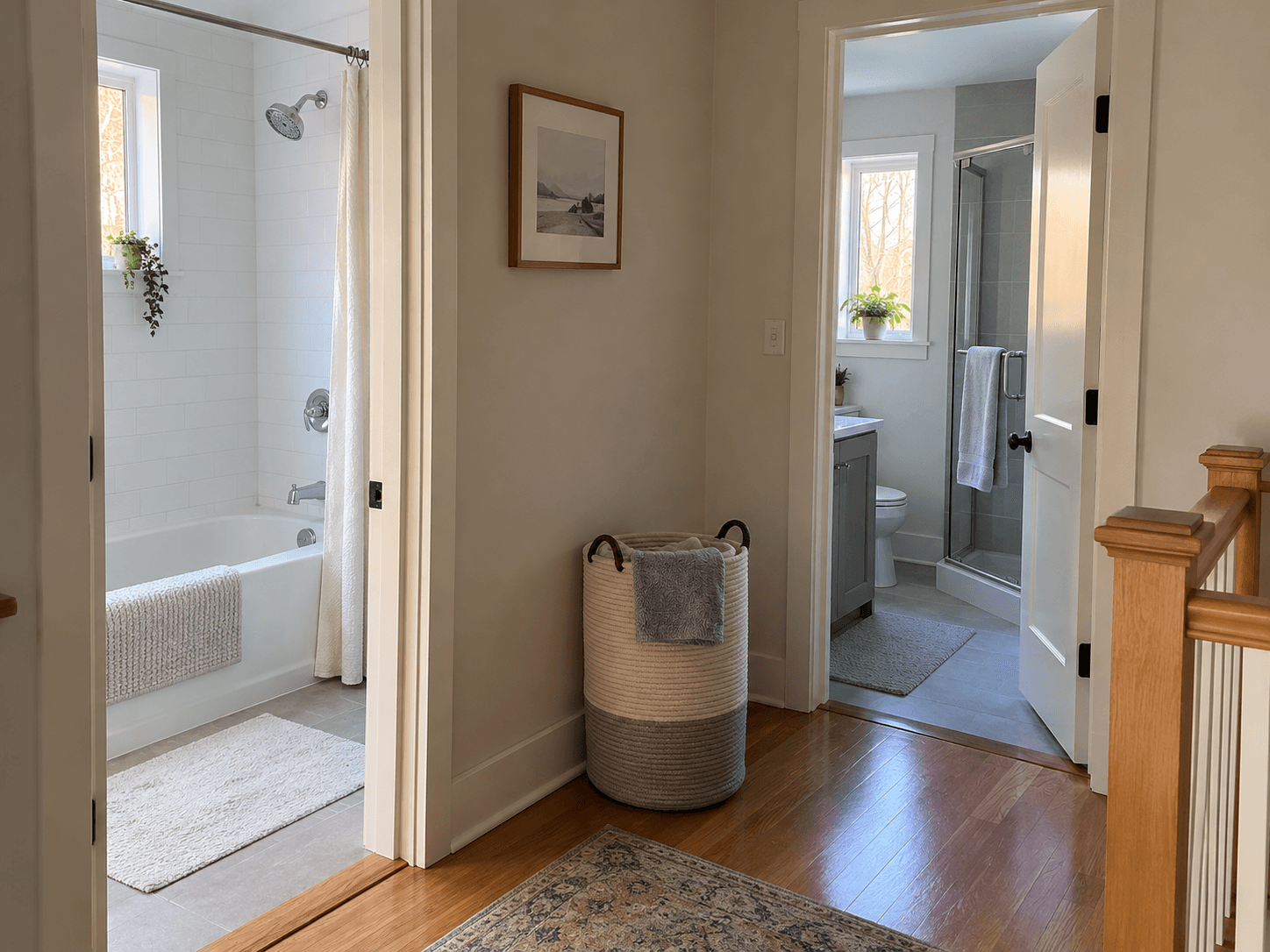 Two separate bathrooms with a tub shower and a compact shower enclosure seen from an upstairs landing.