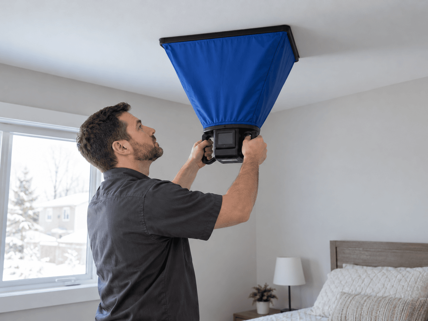 A technician holding a blue airflow capture hood flush against a bedroom ceiling around a supply grille.