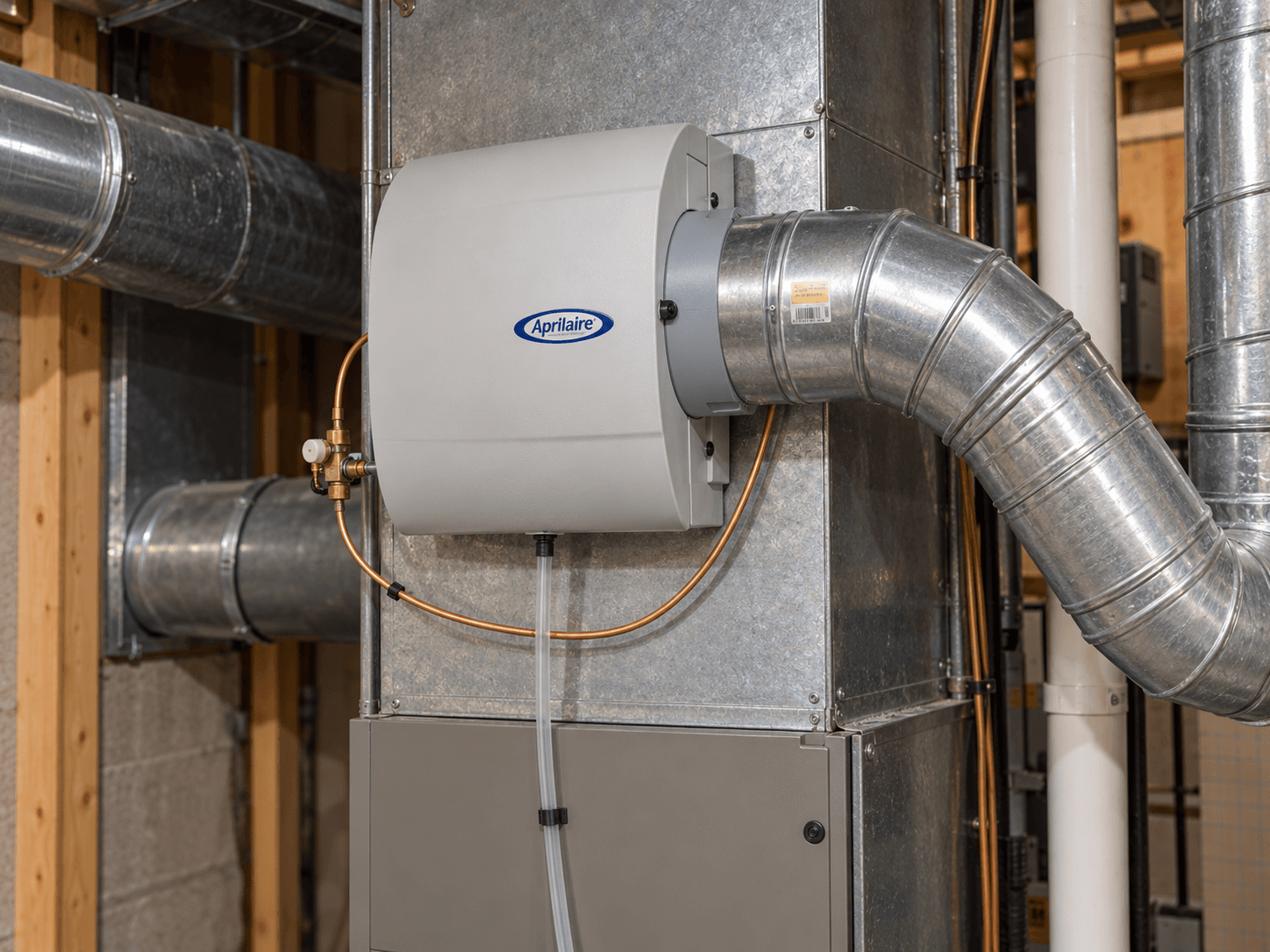 The humidifier cabinet and its round bypass duct are visible together.