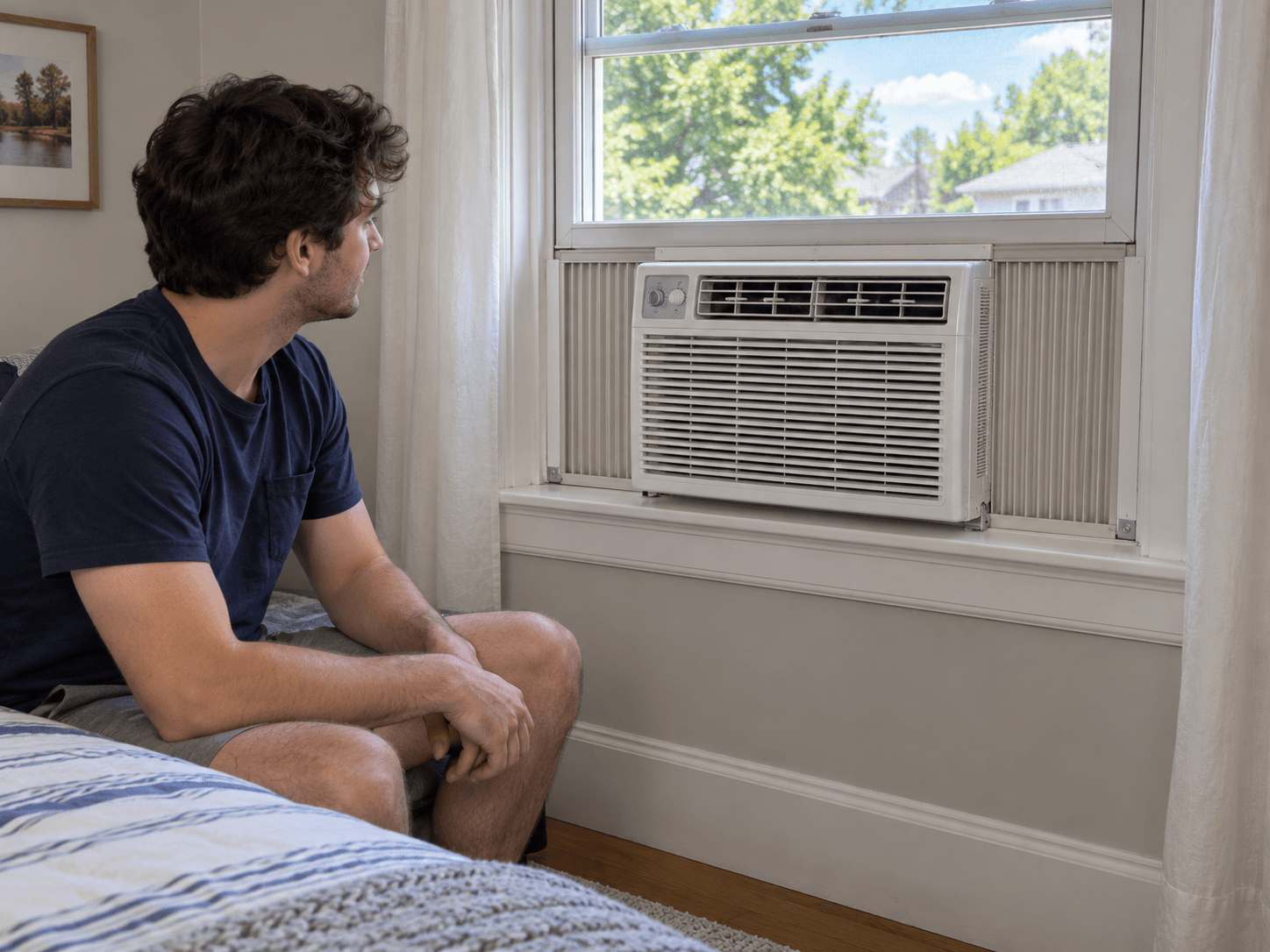 A homeowner looking at a window air conditioner with fitted side panels in a bedroom.