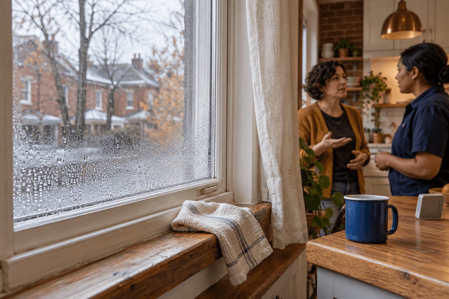 Moisture beads on the inside of a kitchen window above a wooden sill.