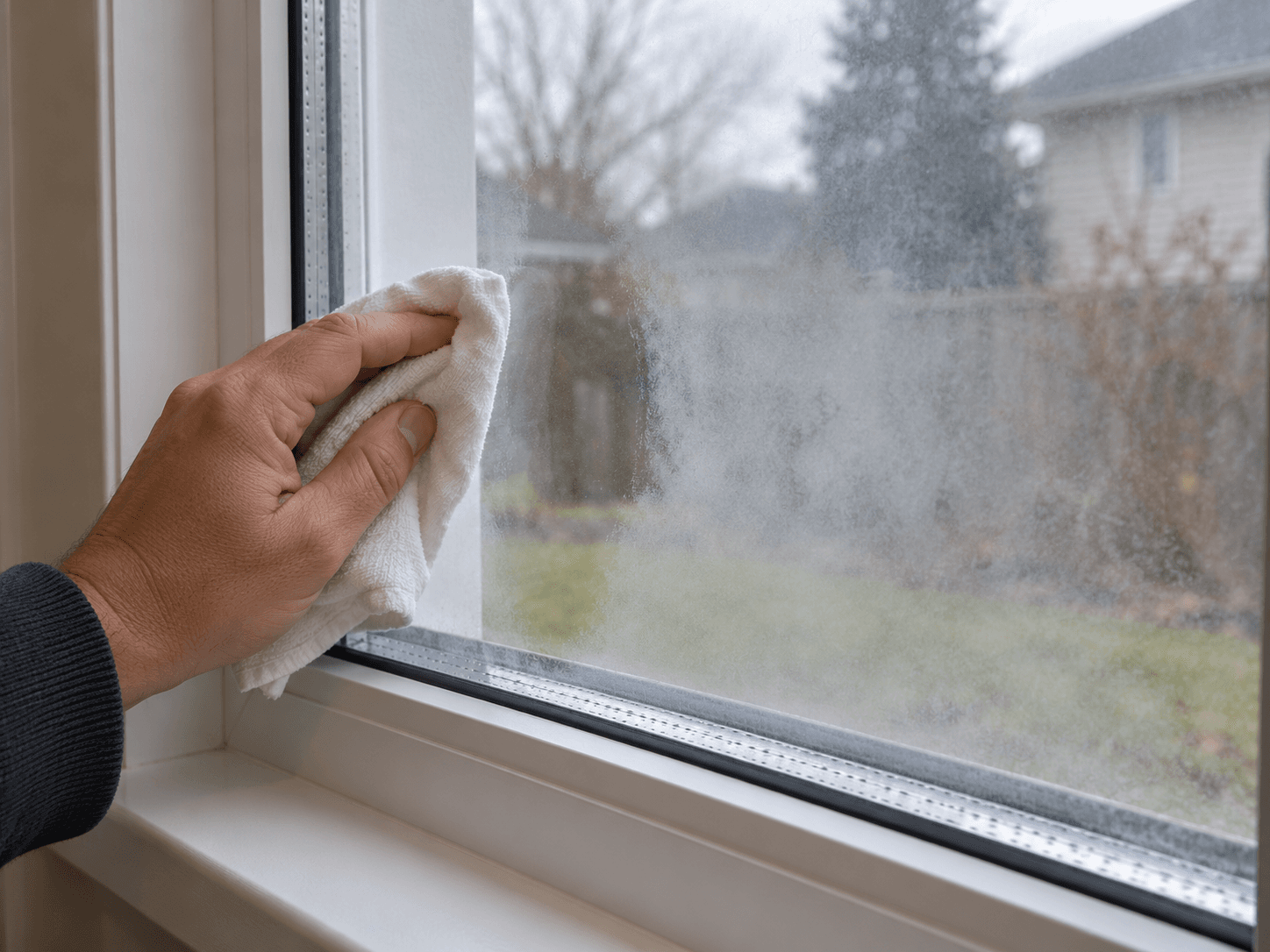 A homeowner wipes window glass with a cloth while checking the location of a cloudy patch.