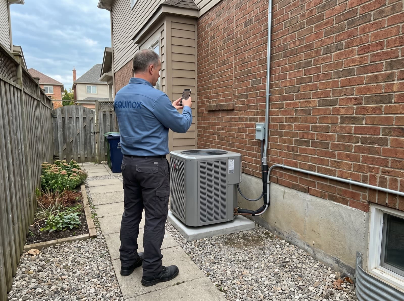 Supervisor reviewing a finished AC installation outside.