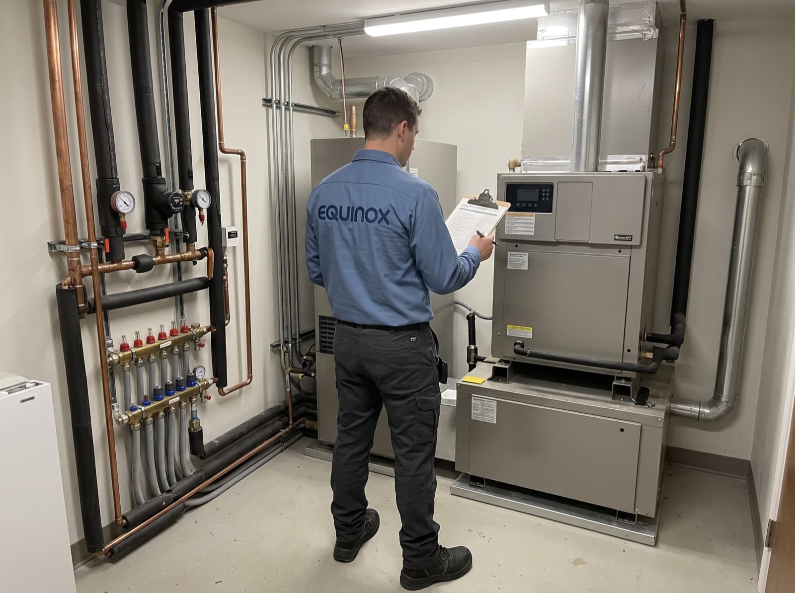 Supervisor reviewing a Toronto mechanical room with a clipboard.