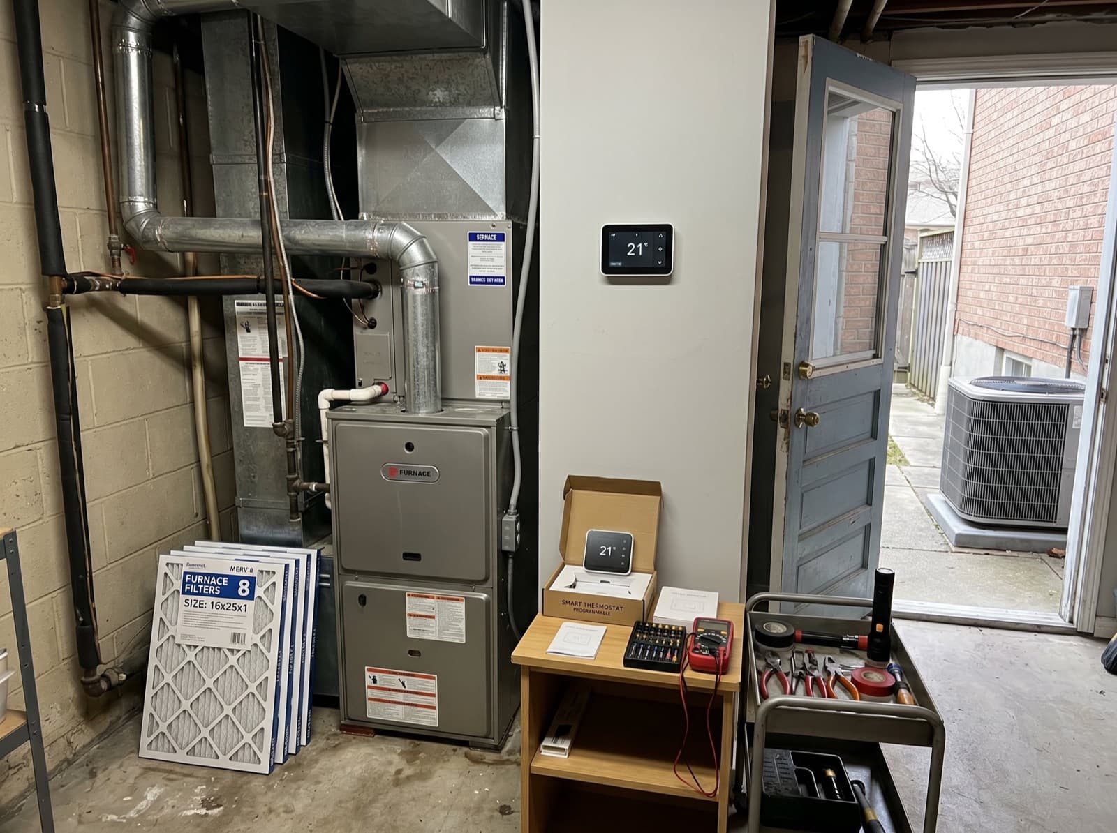 Furnace, thermostat, filters, and outdoor AC overview.