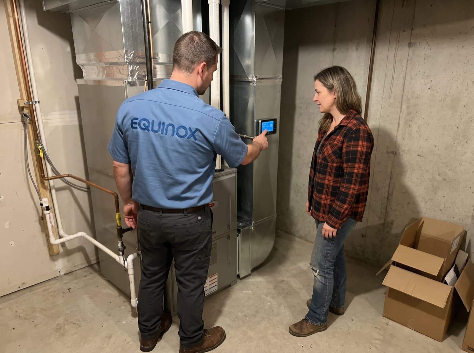 Technician explaining a new system to a homeowner.