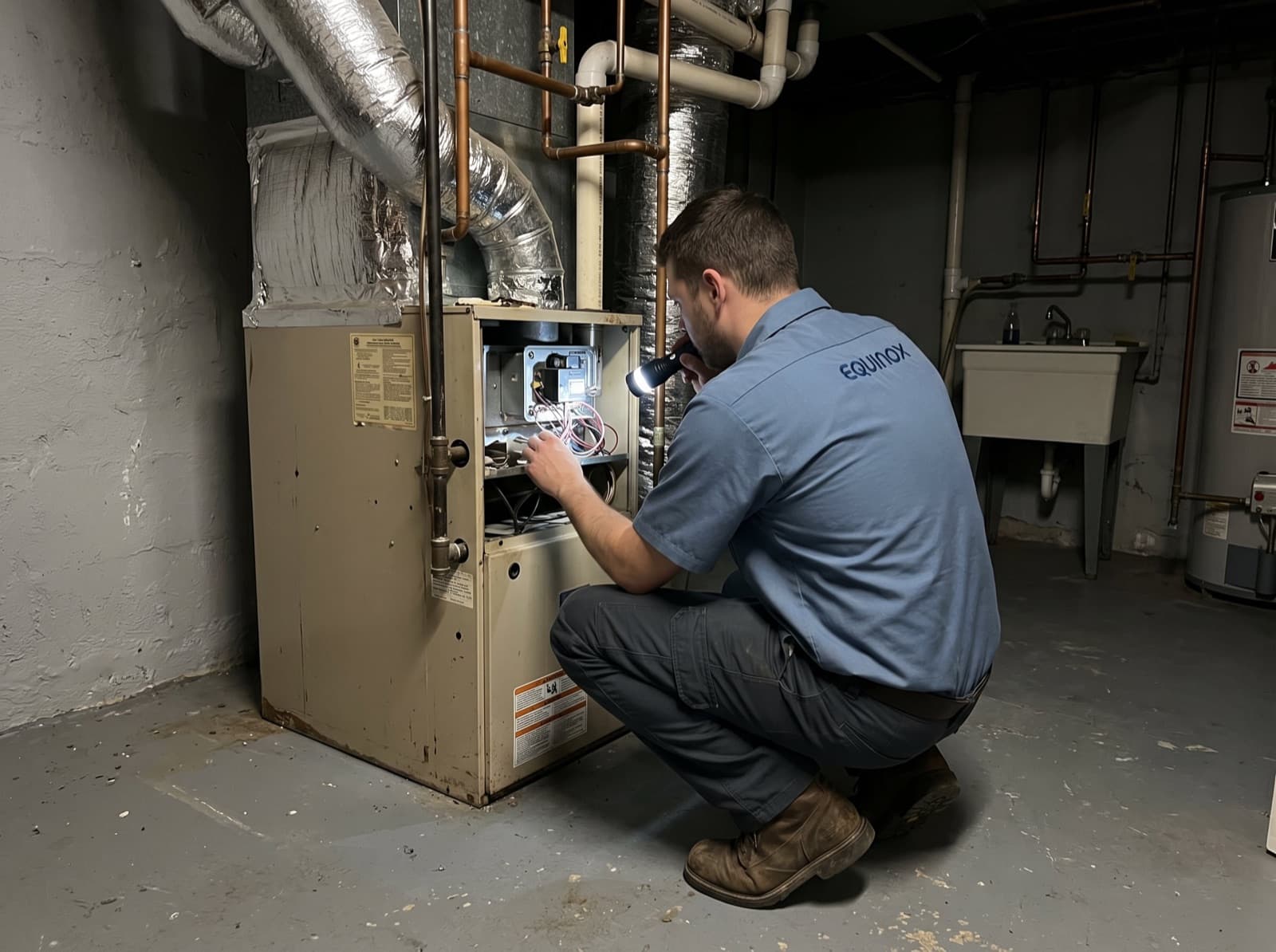 Technician inspecting a furnace with a flashlight in a basement.