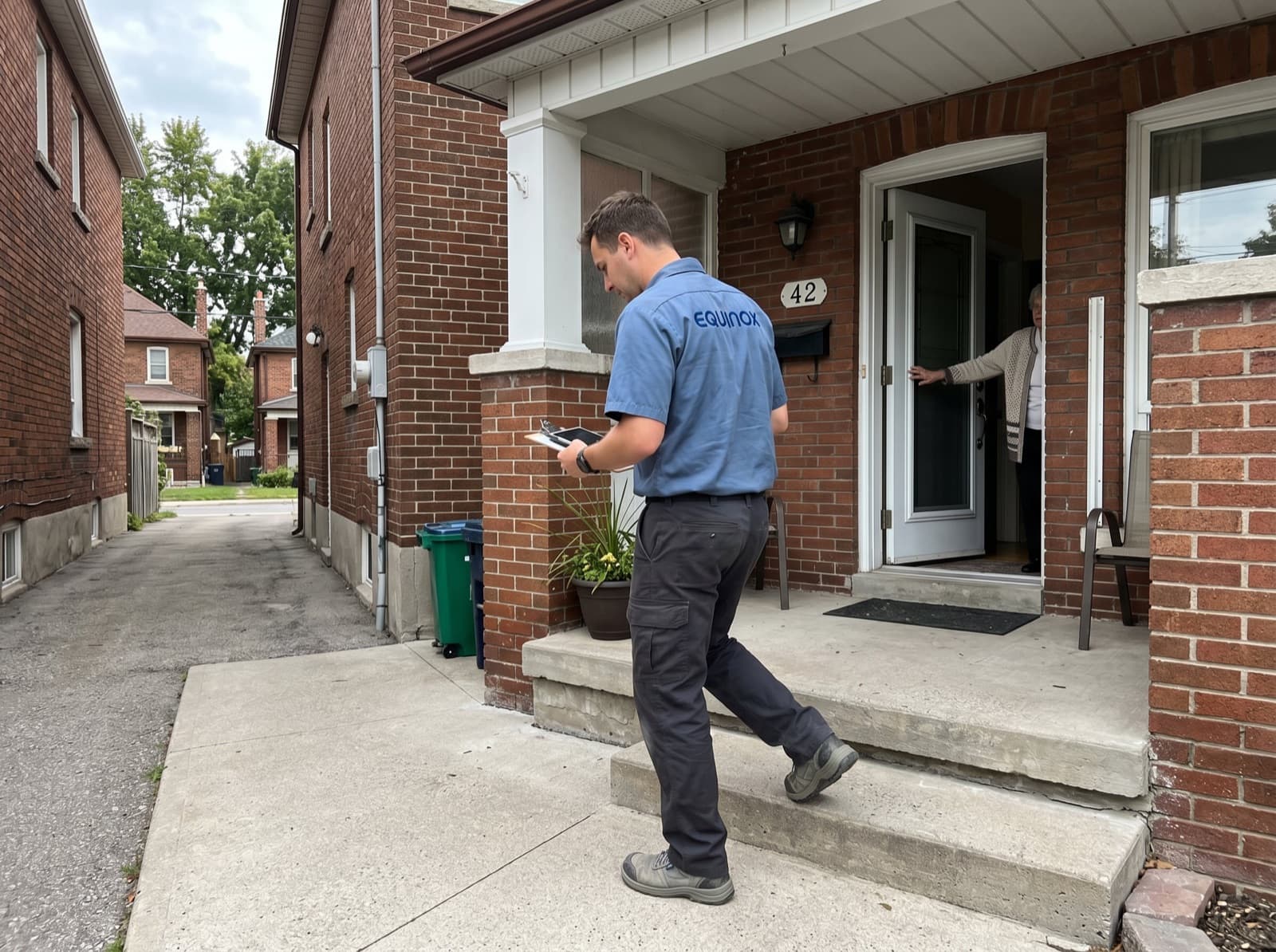 Technician greeting a homeowner at the front door.